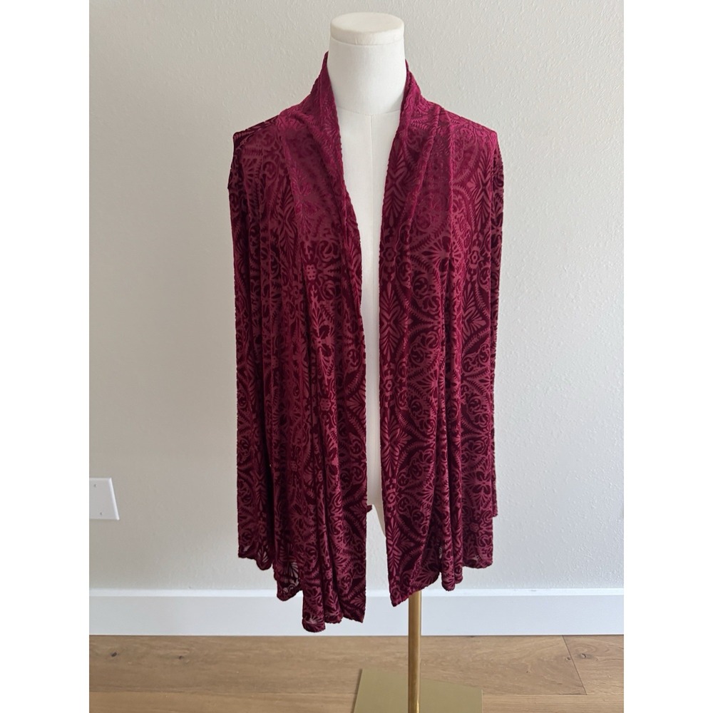 Whimsigoth Dark Romantic Burgundy Velvet Burnout Kimono Open Cardigan Sz XL/XXL
